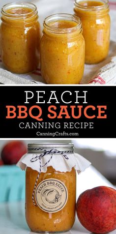 peach bbq sauce in mason jars with text overlay that reads peach bbq sauce canning recipe