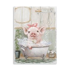 a pig taking a bath in a tub with bubbles