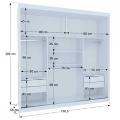 the measurements for an open closet with drawers and shelves in white, showing heights