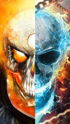 two different pictures with one skull and the other is an orange, blue and yellow background