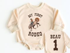 My First Rodeo Bubble Romper Sweatshirt, Rodeo Birthday, Baby Bodysuit, First Birthday Outfit, Birthday Boy Shirt, First Birthday Shirt 💗  Welcome to The WildflowerbyMiley Etsy Shop!  This listing is for the bodysuit, sweatshirt or t-shirt only. All other items that are shown in our photos such as shoes, hats, beanies, blankets etc. are for photo staging purposes and are NOT INCLUDED in the sale. DESCRIPTION:  This baby and children's unisex essential fits like a well-loved favorite. Super soft Birthday Boy Shirt, First Birthday Shirt, Outfit Birthday, First Birthday Outfit, First Birthday Shirts, Birthday Boy Shirts