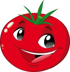 a smiling tomato with green leaves on it's head