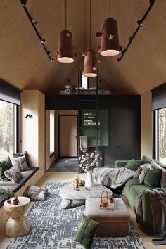 a living room filled with lots of furniture and large windows next to a wooden ceiling