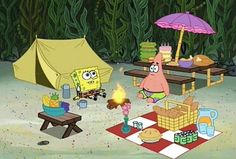 spongebob camping out in the woods with friends