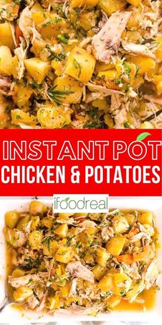 instant pot chicken and potatoes in a white casserole dish with text overlay