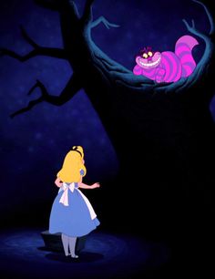 alice and the caterpillar are standing in front of a tree with their faces glowing