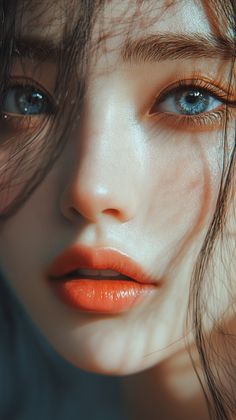 a woman with blue eyes and orange lipstick