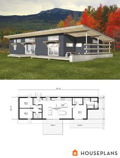 two story house plan with open floor and covered porch in the middle, surrounded by mountains