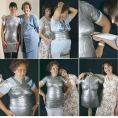 there are many different pictures of women in silver dresses and one woman is holding her arm around another woman's shoulder