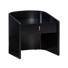 a black desk with an open drawer on the bottom and gold hardware at the top