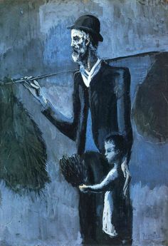 a painting of a man with a child holding an umbrella in front of him and another person standing next to him