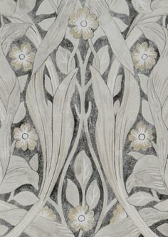 an art deco wallpaper with flowers and leaves in grey, yellow and white colors