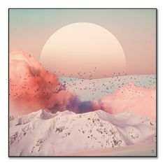 birds flying in the sky over mountains under a pink and blue sunset with an orange sun