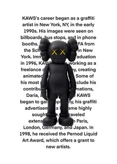 a black bear standing in front of a white background with the words kaws on it