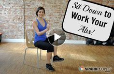 a woman is sitting on a chair in front of a sign that says sit down to work your abs