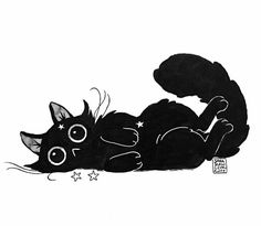 a drawing of a cat laying down on its back with stars around it's eyes