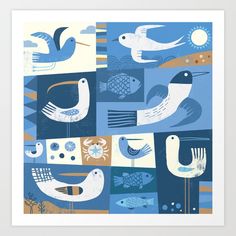 an image of birds and fish in the water