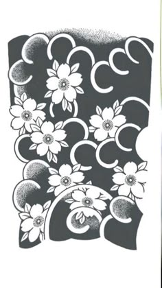 a black and white drawing of flowers with swirls