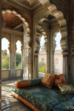 an elaborately decorated room with arches and windows