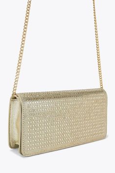 This KG Kurt Geiger Fleur Clutch bag features a gold exterior with crystal embellishment. There's a gold pin stud on the back of the bag. Dimensions: 12cm (H), 25cm (L), 4cm (D). Strap length: 88cm. Gold Pin, Pierced Jewelry, Cold Weather Outfits, Kurt Geiger, Crystal Embellishment, Bags Purses, Fit N Flare Dress, Sunglasses Shop, Boots For Sale