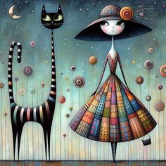 two cats are standing next to each other in front of a sky filled with stars and planets