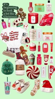 the contents of a christmas gift bag are arranged on a green background, including gifts and personal care products