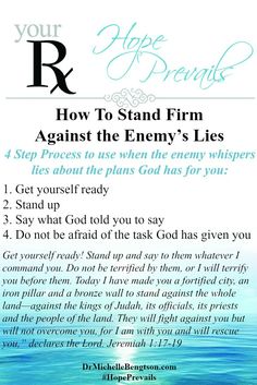 a poster with the words how to stand firm against the enemy's lies