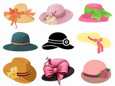 many different hats with bows and ribbons on them