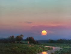 a painting of the sun setting over a river