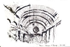 an ink drawing of a clock in the middle of a tunnel