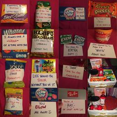 several different pictures of food and candy on display with notes attached to the back of them