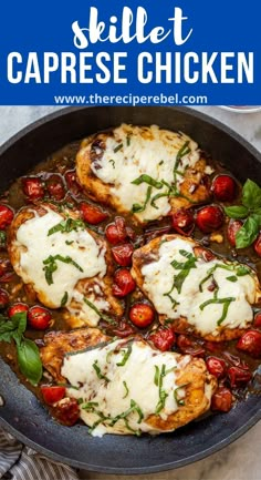 chicken with tomatoes and mozzarella sauce in a skillet on a marble surface