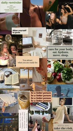 a collage of photos with words and pictures on them that include women, books, people