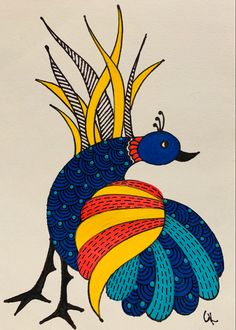 a drawing of a peacock with feathers on it's back