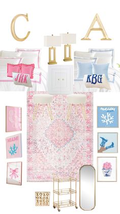 a collage of pink and blue bedroom decor