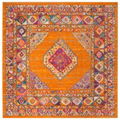 an orange and purple rug with many different colored designs on the bottom, one in the middle