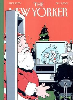 the new yorker magazine cover with santa claus looking at his computer screen and other christmas decorations