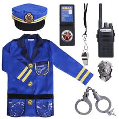 a police officer uniform is shown with handcuffs, keys and other items to make it look like he's ready for action