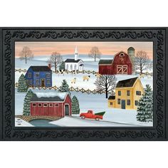 a painting of a farm scene with a red truck in the snow