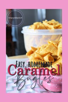 easy homemade caramel brittles recipe on a pink and white checkered tablecloth