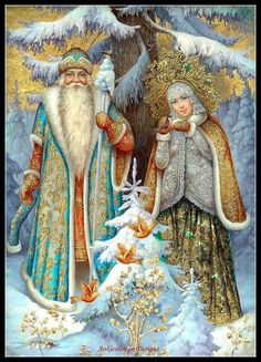 a painting of two people standing next to each other in front of snow covered trees