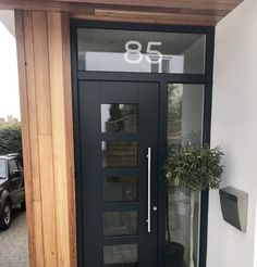 a black front door with glass panels and a potted plant