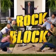 a group of people standing in front of a house with the words rock the block on it