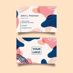 a business card with an abstract design on the front and back, in blue, pink and