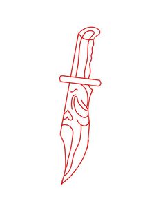 a red line drawing of a knife on a white background