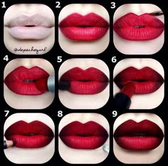 Red Ombre Lips, Makeup Bibir, Ombre Lips Tutorial, Extreme Make-up, Drag Make-up, Lipstick Hacks, Lipstick Tutorial, Lip Tutorial