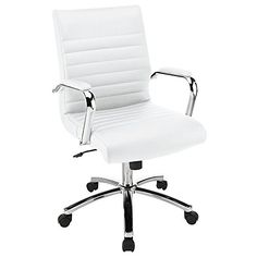 a white office chair with chrome arms and wheels