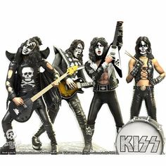 the kiss band statue is shown in three different poses, including one with an electric guitar