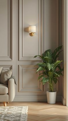 a living room with a couch and potted plant