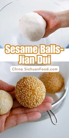 sesame balls in a glass bowl being held by someone's hand with text overlay